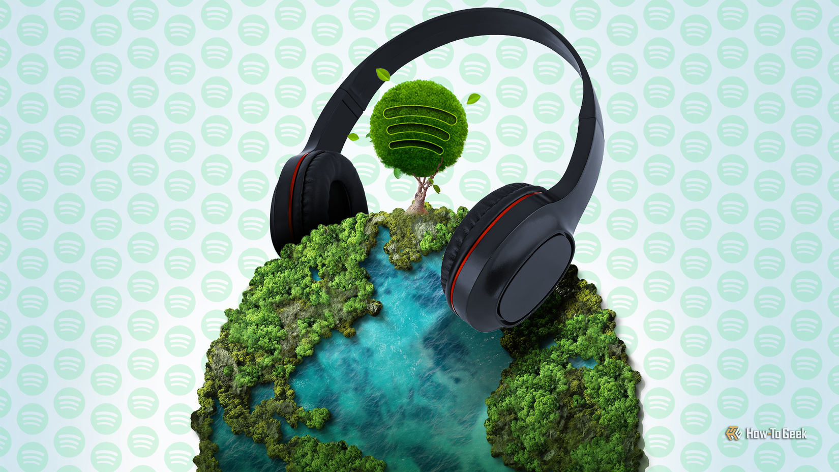 Planet Earth covered with vegetation, a headphone over it, and a tree with the Spotify logo in the center.