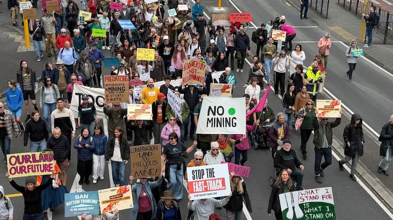 Protesters marching in downtown Auckland over the Government's proposed Conservation Amendment Bill.