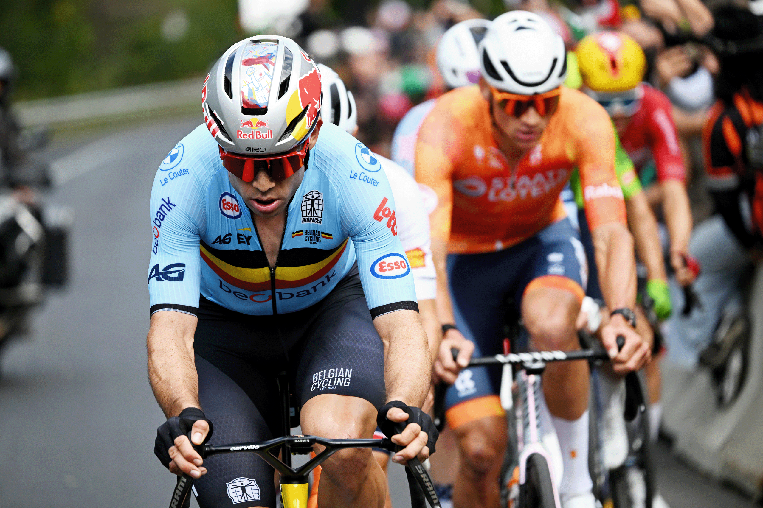MONTREAL, QUEBEC - SEPTEMBER 27: Wout Van Aert and Team Belgium competes in the chase group during the 99th UCI Road World Championships Montreal 2026 - Men Elite Road Race a 273.4km one day race from Brossard to Montreal on September 27, 2026 in Montreal, Quebec. (Photo by Zac Williams - Pool/Getty Images)