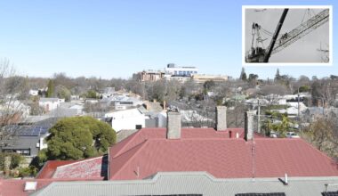 The Ballarat skyline has changed, after Josie the Crane (inset) was removed from the Base Hospital redevelopment last week. Picture by Isobel Cootes, inset Lachlan Bence