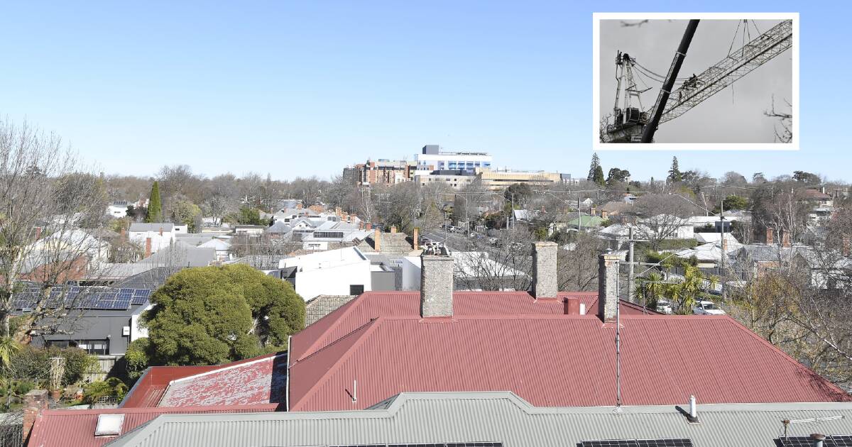 The Ballarat skyline has changed, after Josie the Crane (inset) was removed from the Base Hospital redevelopment last week. Picture by Isobel Cootes, inset Lachlan Bence