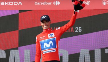CALAR ALTO, SPAIN - SEPTEMBER 03: Enric Mas of Spain and Movistar Team celebrates at podium as Red Leader Jersey winner during the La Vuelta - 81st Tour of Spain 2026, Stage 12 a 166.6km stage from Vera to Calar Alto 2151m / #UCIWT / on September 03, 2026 in Calar Alto, Spain. (Photo by Alexander Hassenstein/Getty Images)