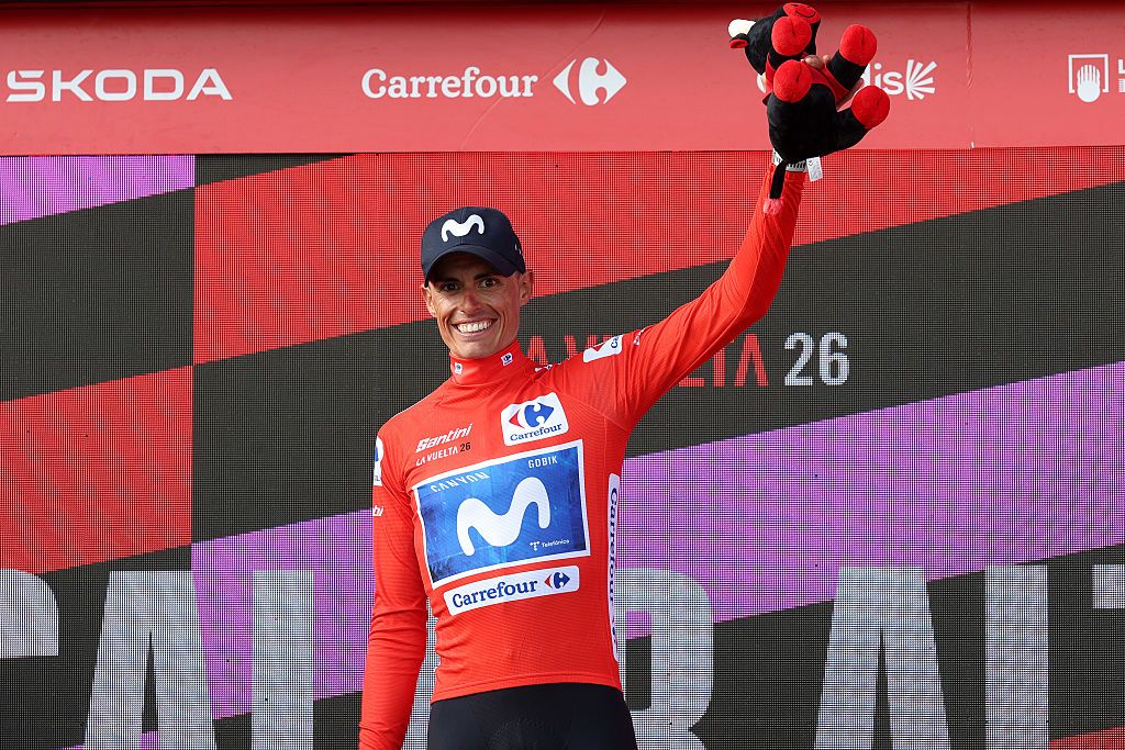 CALAR ALTO, SPAIN - SEPTEMBER 03: Enric Mas of Spain and Movistar Team celebrates at podium as Red Leader Jersey winner during the La Vuelta - 81st Tour of Spain 2026, Stage 12 a 166.6km stage from Vera to Calar Alto 2151m / #UCIWT / on September 03, 2026 in Calar Alto, Spain. (Photo by Alexander Hassenstein/Getty Images)