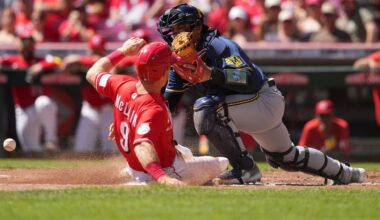 Cincinnati Reds' Matt McLain, left, scores as Milwaukee Brewers catcher Bo Naylor bobbles the throw to home plate in the second inning of a baseball game, Sunday, Sept. 6, 2026, in Cincinnati. (AP Photo/Kareem Elgazzar)