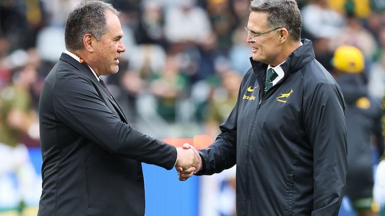 Rival coaches Dave Rennie, left, and Rassie Erasmus shake hands before the Test in Cape Town.