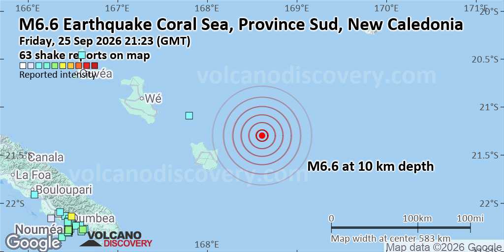 Felt earthquake: 6.6 quake Coral Sea, Province Sud, 69 km east of Mare Island, New Caledonia, 23 minutes ago