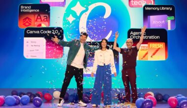 Canva's founders celebrating the launch of Canva AI 2.0 in April