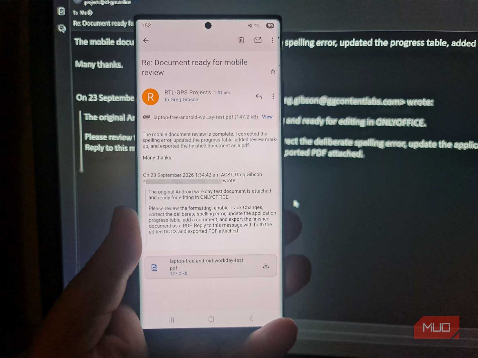 Thunderbird on Android showing a sent reply with edited DOCX and PDF files attached.