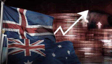 SBS designed graphic of the Australian and Icelandic flags and money rates rising