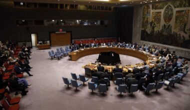 Delegates seated around the horseshoe table in the UN Security Council chamber in New York.