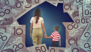 Graphic of a woman and boy holding hands and surrounded by cash in the form of a house
