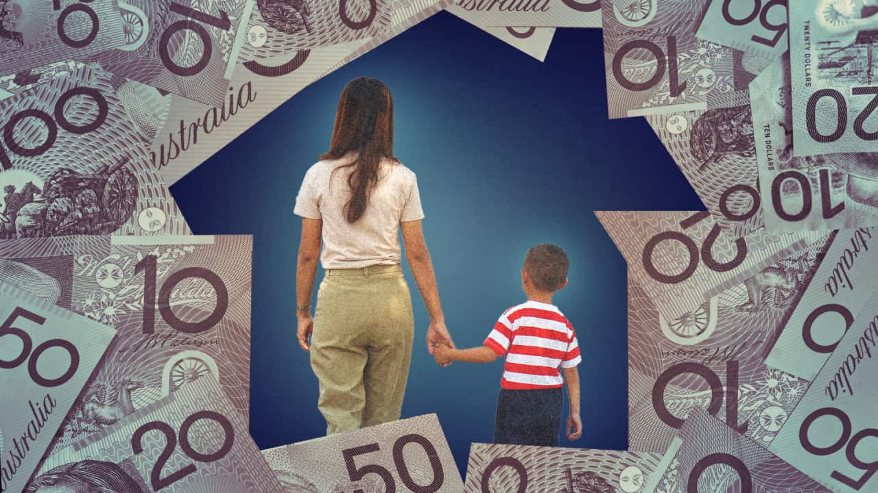 Graphic of a woman and boy holding hands and surrounded by cash in the form of a house