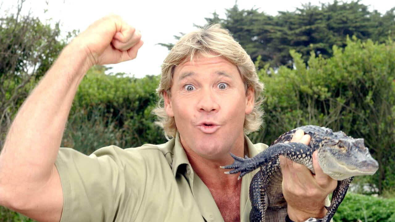 Steve Irwin holding a baby crocodile is his left hand, while raising his right hand in a fist