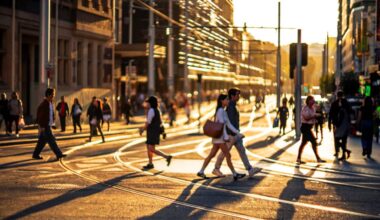 Pedestrians crossing city street at dusk