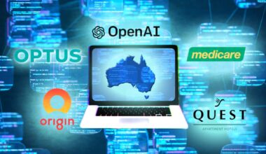 A composite image showing a laptop and the names of businesses like OpenAI, Optus, and Origin.
