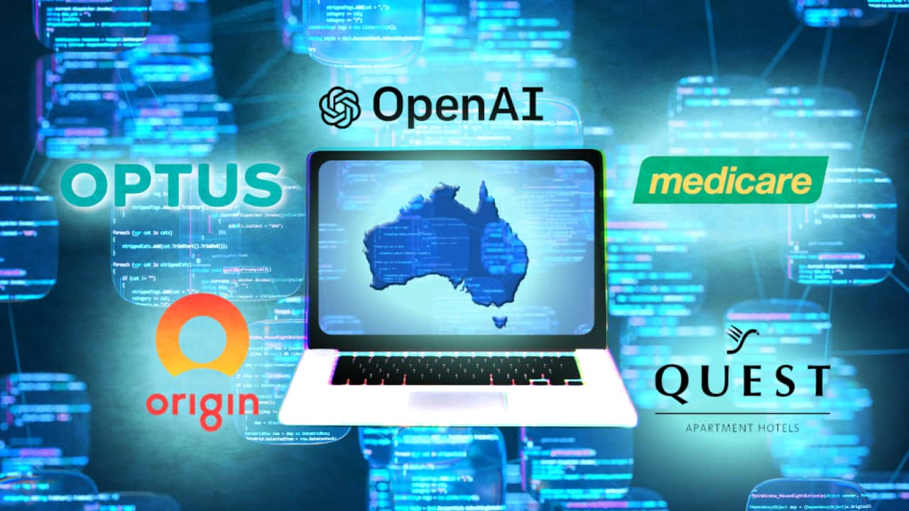 A composite image showing a laptop and the names of businesses like OpenAI, Optus, and Origin.