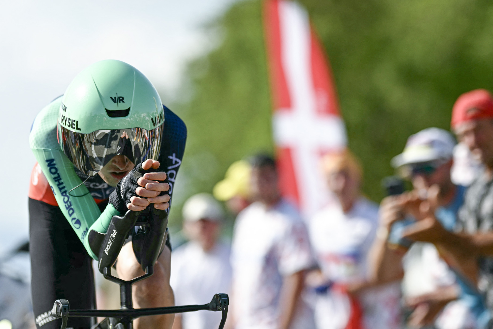 Decathlon CMA CGM Team's French rider Paul Seixas cycles during the 16th stage of the 113th edition of the Tour de France cycling race, 26,1 km time trial between &Eacute;vian-les-Bains and Thonon-les-Bains in the French Alps, on July 21, 2026. (Photo by Loic VENANCE / AFP via Getty Images)