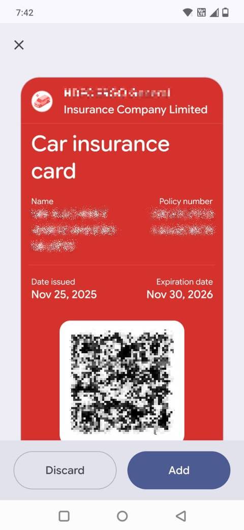 Screenshot showing car insurance card details in Google Wallet