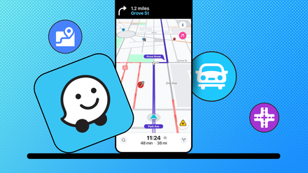 Waze navigation screen surrounded by route, vehicle, and intersection icons.