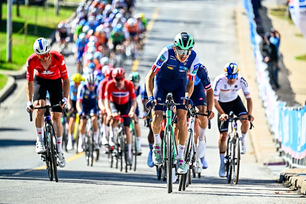French Aubin Sparfel is pictured in action during the Men U23 Road Race race (174,2km) at the cycling World Championship, in Montreal, Canada, Friday 25 September 2026.