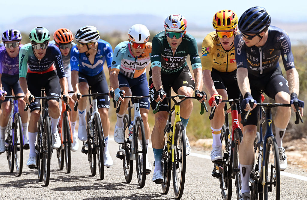 CALAR ALTO, SPAIN - SEPTEMBER 03: (L-R) Wout Van Aert of Belgium and Team Visma | Lease a Bike - Green points jersey and Andreas Leknessund of Norway and Team Uno-X Mobility compete compete during the La Vuelta - 81st Tour of Spain 2026, Stage 12 a 166.6km stage from Vera to Calar Alto 2151m / #UCIWT / on September 03, 2026 in Calar Alto, Spain. (Photo by Tim de Waele/Getty Images)