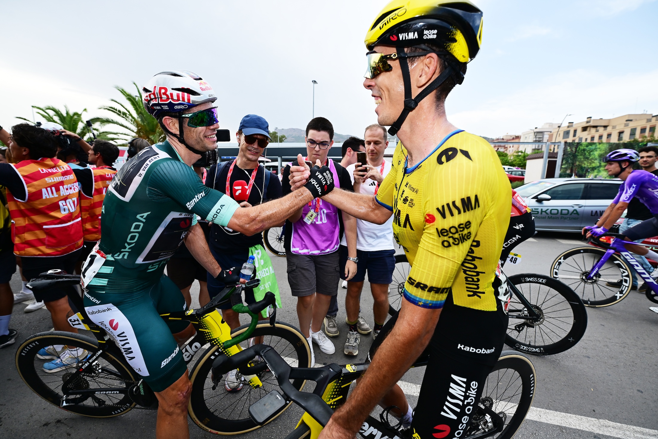 LORCA, SPAIN - SEPTEMBER 02: (L-R) Wout Van Aert of Belgium - Green Points Jersey and Christophe Laporte of France and Team Visma | Lease a Bike react after the La Vuelta - 81st Tour of Spain 2026, Stage 11 a 153.8km stage from Cartagena to Lorca 342m / #UCIWT / on September 02, 2026 in Lorca, Spain. (Photo by Tim de Waele/Getty Images)