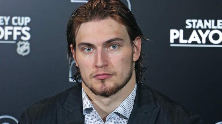 Matthew Knies #23 of the Toronto Maple Leafs fields questions