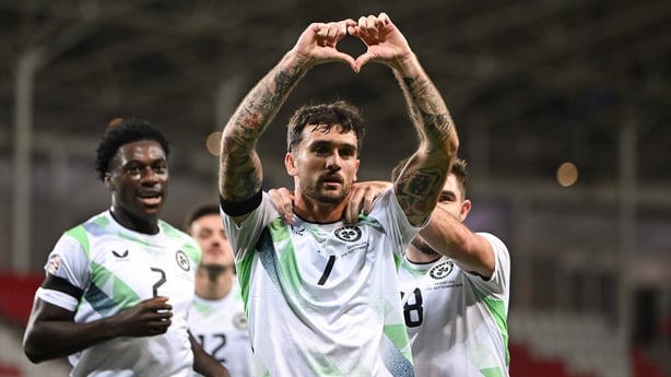 27 September 2026; Troy Parrott of Republic of Ireland celebrates after scoring his side's first goal during the UEFA Nations League B match between Israel and the Republic of Ireland at Nagyerdei Stadion in Debrecen, Hungary. Photo by Stephen McCarthy/Sportsfile