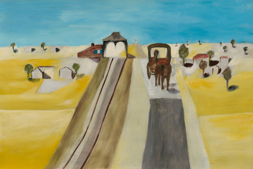 A painting of a yellow wheatfield landscape, a railway and a road running through it, with a horse-drawn carriage.