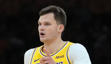 Oct 21, 2026; Los Angeles, California, USA; Los Angeles Lakers center Walker Kessler (14) reacts against the Golden State Warriors in the first half at Crypto.com Arena. Mandatory Credit: Kirby Lee-Imagn Images