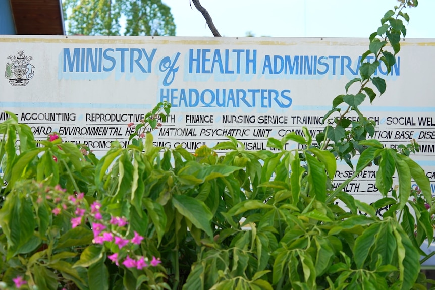 A sign sitting behind a green leafy plant says: Ministry of Health Headquarters.