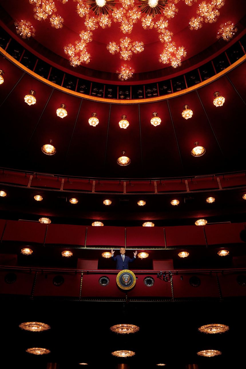 President Donald Trump looks down from the Presidential Box in the Opera House at the John F. Kennedy Center for the Performing Arts on March 17, 2025.