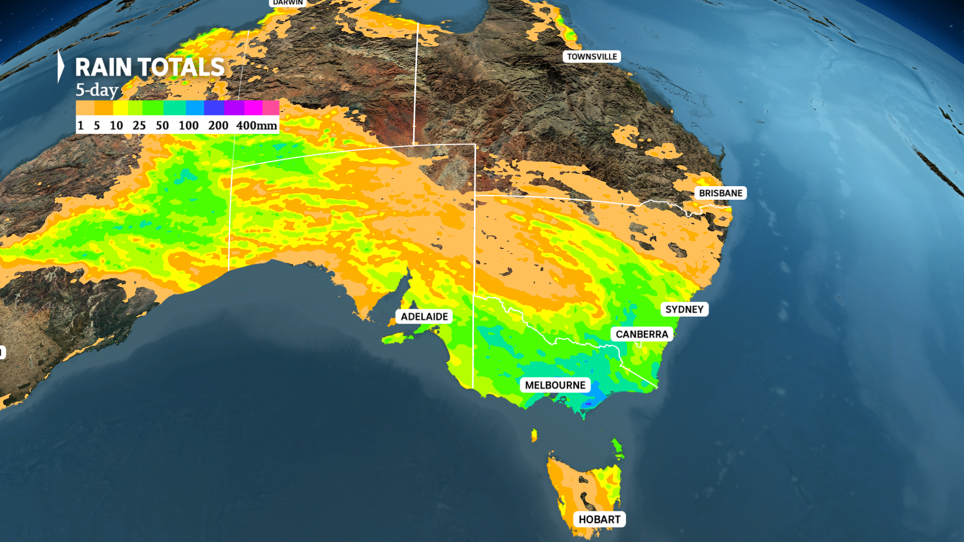 A heat map showing large parts of Australia's east coast expecting heavy rainfall.
