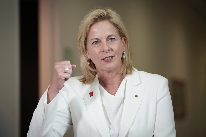 A woman wearing a white suit speaks while raising a fist.