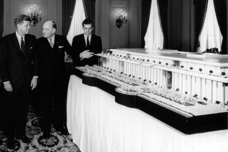 President John F. Kennedy, left, looks at a model of the Kennedy Center on October 8, 1963.