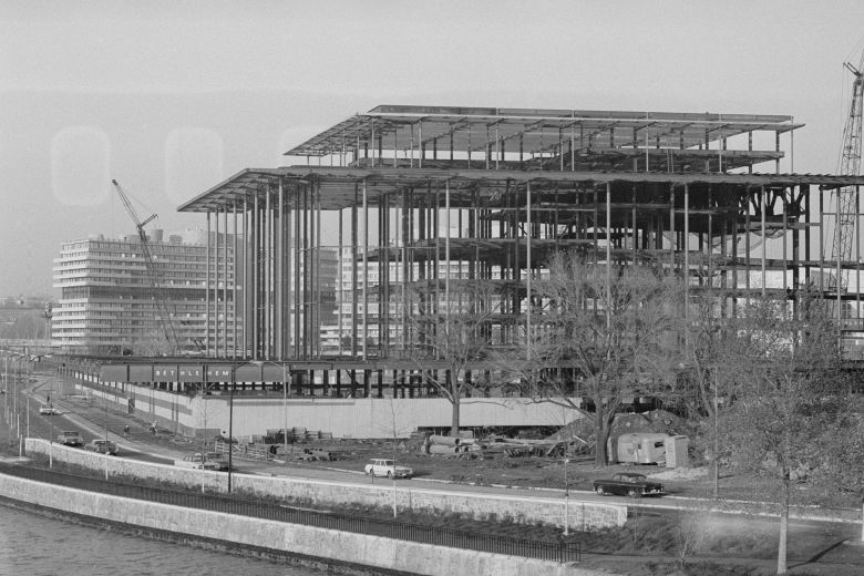 A view of the construction of the John F Kennedy Center for the Performing Arts, from the Potomac River in Washington, DC, on December 29, 1967.