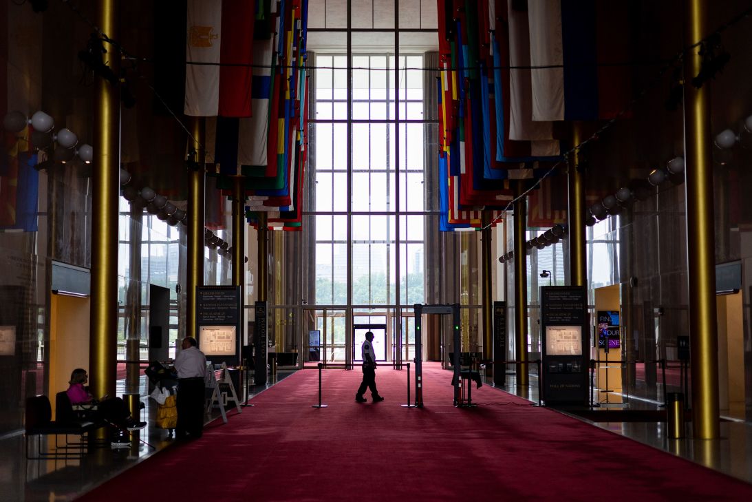 A security guard patrols the lobby of The John F. Kennedy Center for the Performing Arts on July 6.