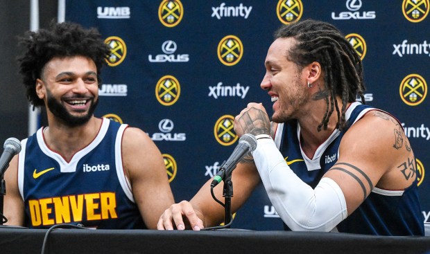 Denver Nuggets Jamal Murray and Aaron Gordon joke around during a press conference on Nuggets Media Day at Ball Arena on Monday, Sept. 28, 2023. (Jerilee Bennett, The Gazette)