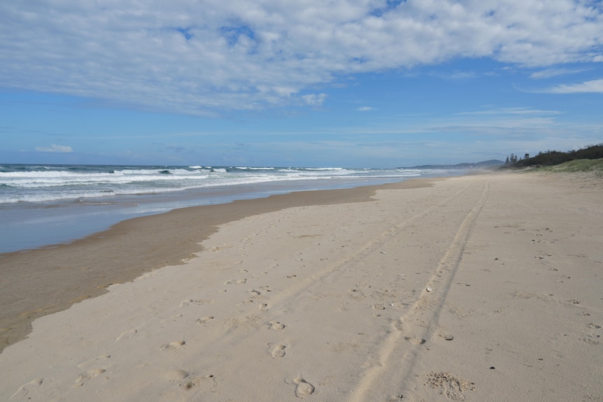 Shot of sandy beach, with waves in the background