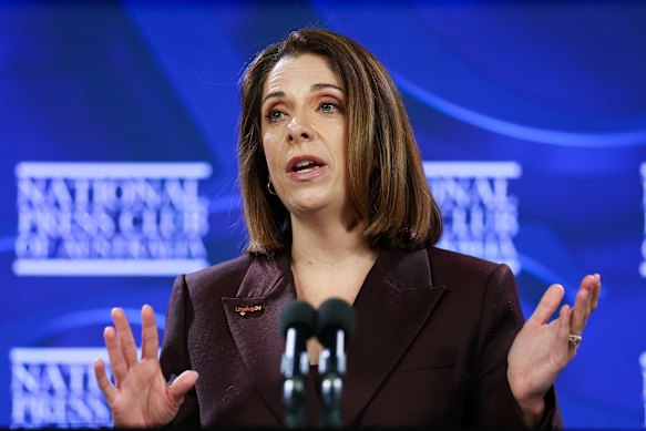 Communications Minister Anika Wells at the National Press Club in Canberra on Thursday.