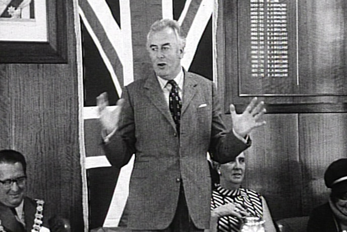A black and white image of gough whitlam