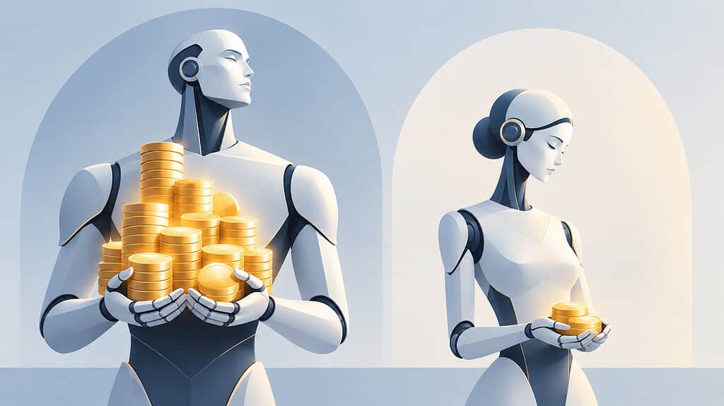 Illustration of two robots holding gold coins the male-looking robot has far more coins than the female-looking robot