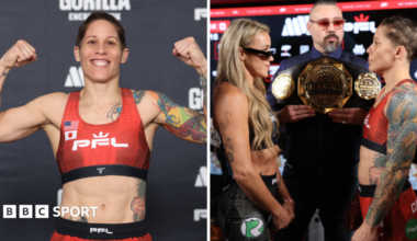 Split image of Liz Carmouche weighing in, showing bald patches on her head after a bad haircut