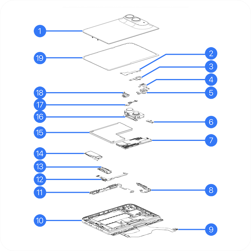 Apple’s exploded diagram of the iPhone Duo back-glass assembly.