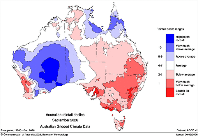 A heat map of Australia showing dark areas of low rainfall and bright areas of high rainfall.