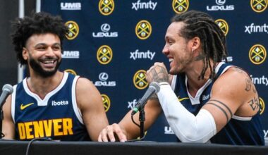 Denver Nuggets Jamal Murray and Aaron Gordon joke around during a press conference on Nuggets Media Day at Ball Arena on Monday, Sept. 28, 2023. (Jerilee Bennett, The Gazette)