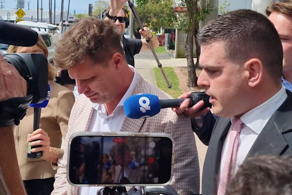 A lawyer for Sam Wood, Mathew Cuskelly, speaks with journalists outside Maroochydore Magistrates’ Court on Monday morning.