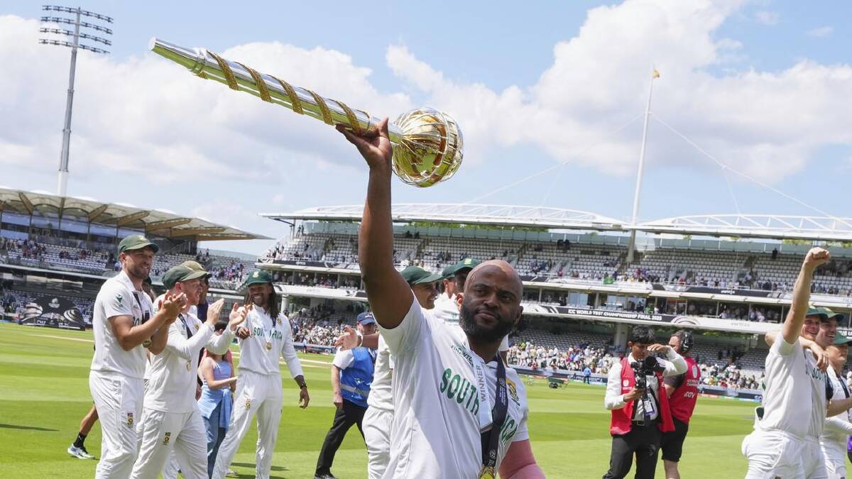 Temba Bavuma with the world Test championship mace after South Africa beat Australia in the final. (AP PHOTO)