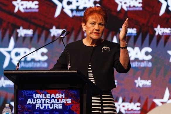 One Nation leader Pauline Hanson attacked Angus Taylor at the Conservative Political Action Network on Saturday.