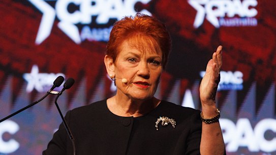 One Nation leader Pauline Hanson attacked Angus Taylor at the Conservative Political Action Network on Saturday.